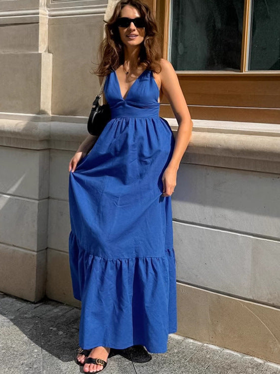 Spring Summer Holidays Style Blue V Neck Strap Low Back Long Dress 6