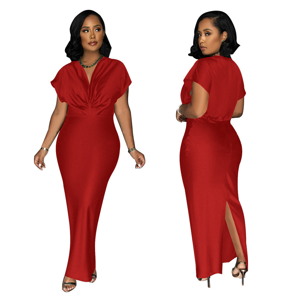 Fashionable Women's V-Neck Short-Sleeved Chic Slim-Fitting Back Slit Dress 4