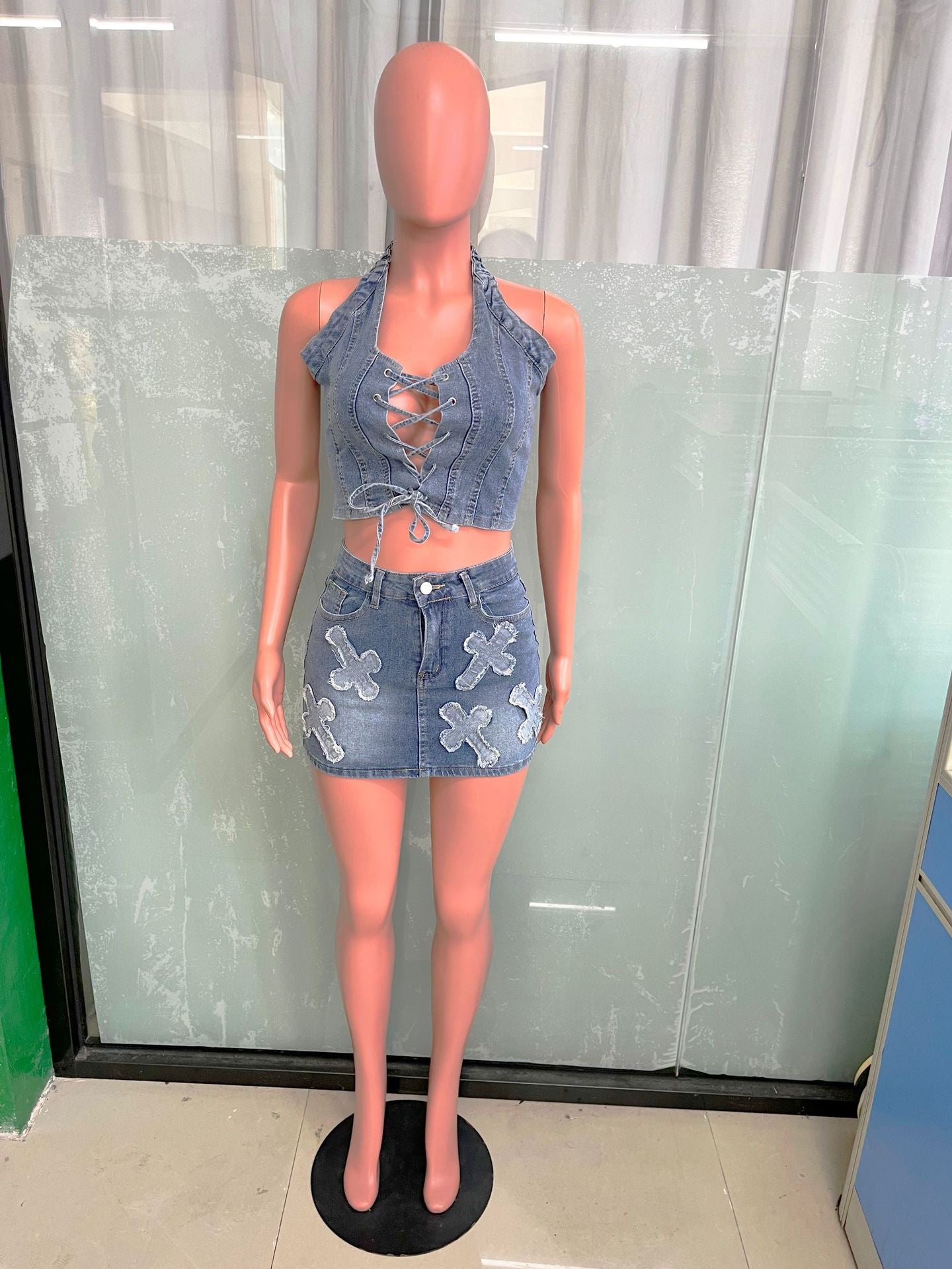 Women denim cross embroidery casual stretch denim top and skirt two-piece set 7