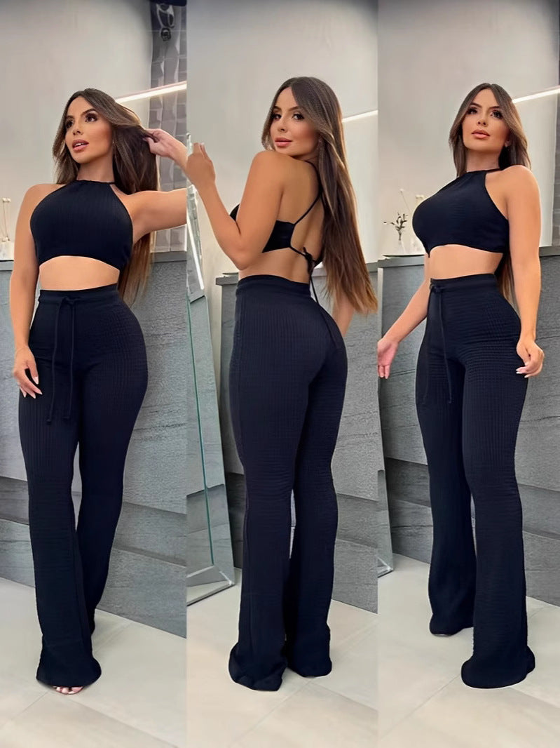 Women Waffle Sexy Halter Neck Top and Lace-Up Bell Bottom Pants Two-piece Set 7