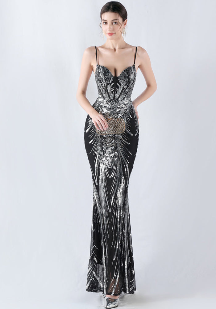 Women Fishbone Sequin Positioning Flower Evening Dress