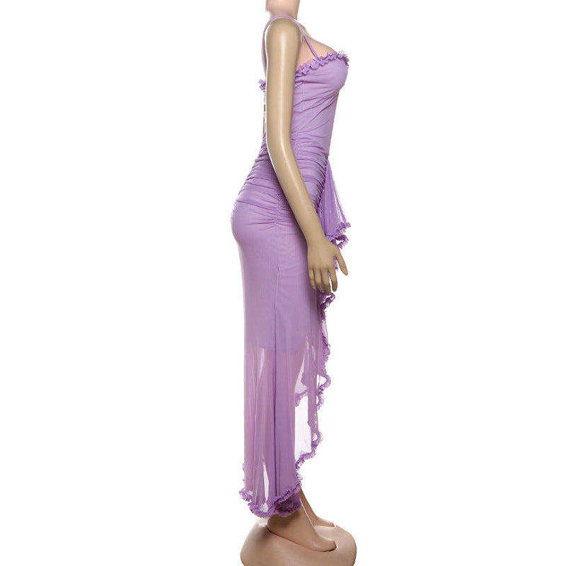 Women Sexy Backless Mesh Suspender Solid Dress 38