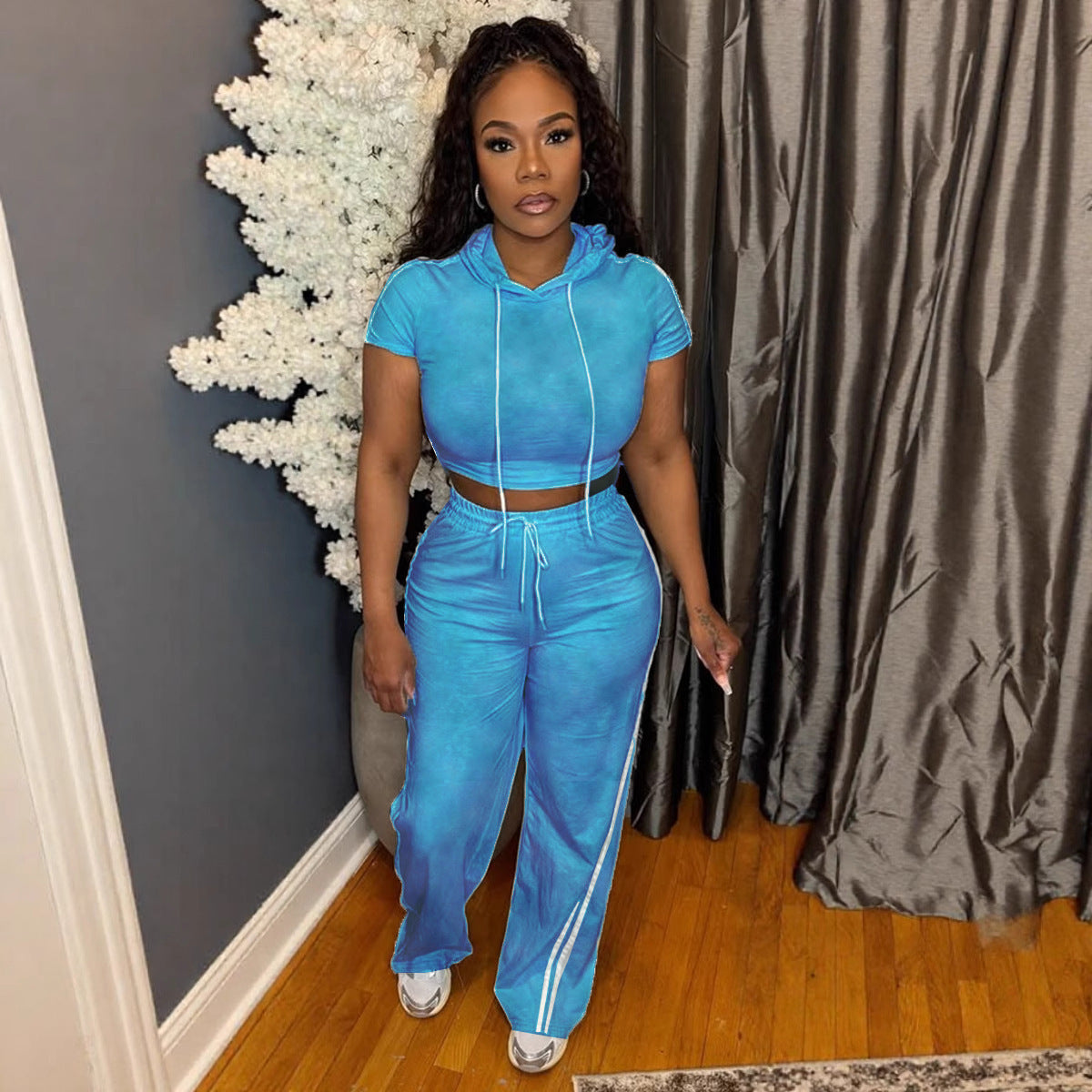 Sexy Casual Elastic Hooded Short Sleeve Two-Piece Pants Set 8