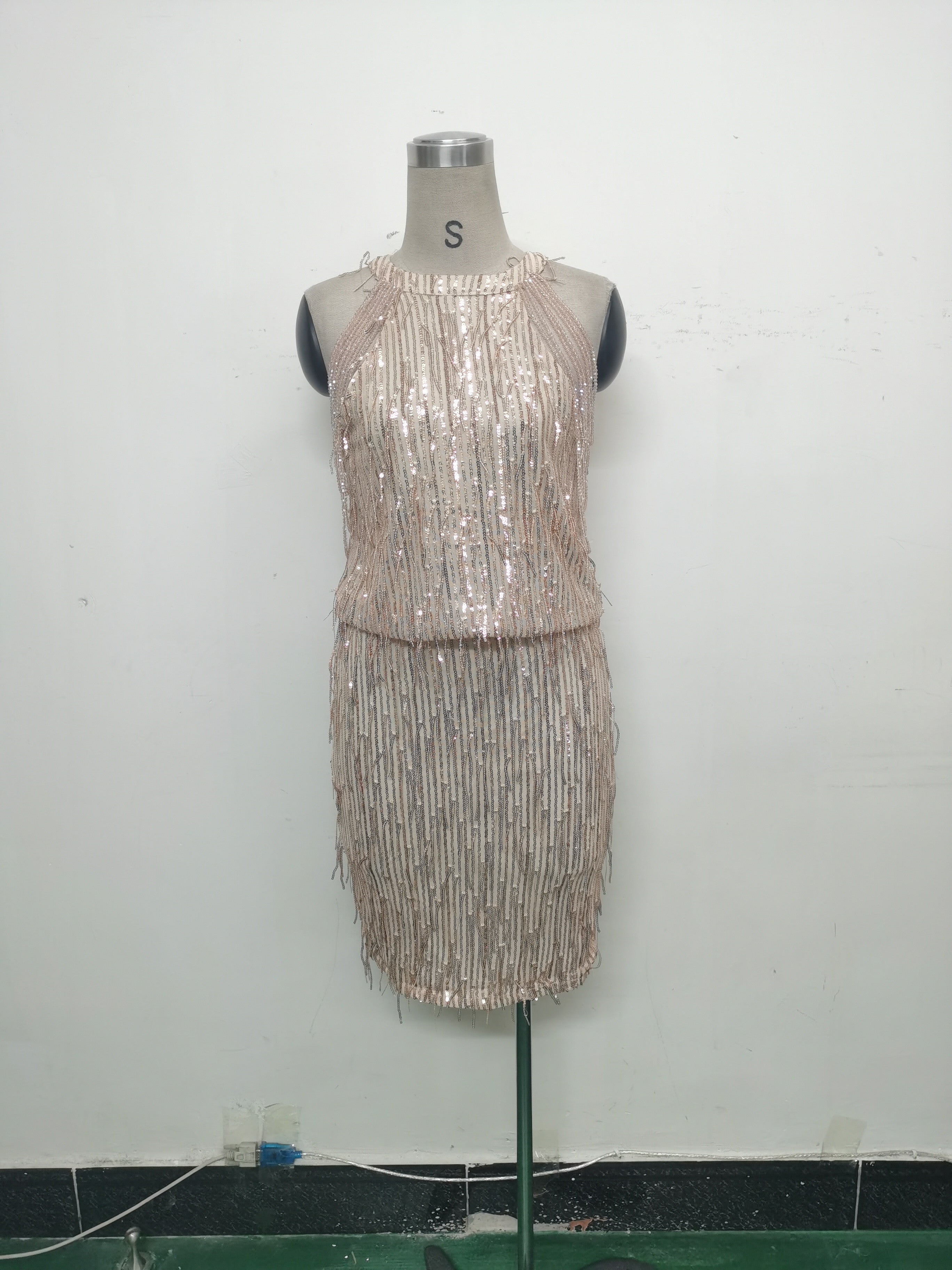 Women Tassel Sequin Halter Neck Beaded Evening Dress 14