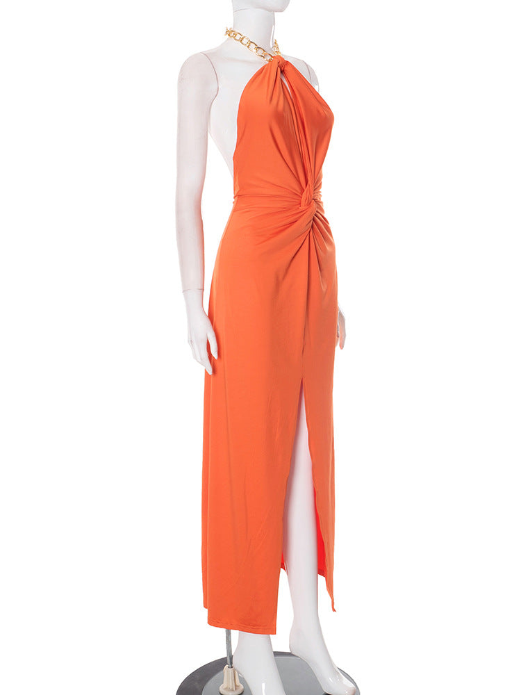 Women Solid Halter Neck Chain Hollow Backless Slit Dress 9