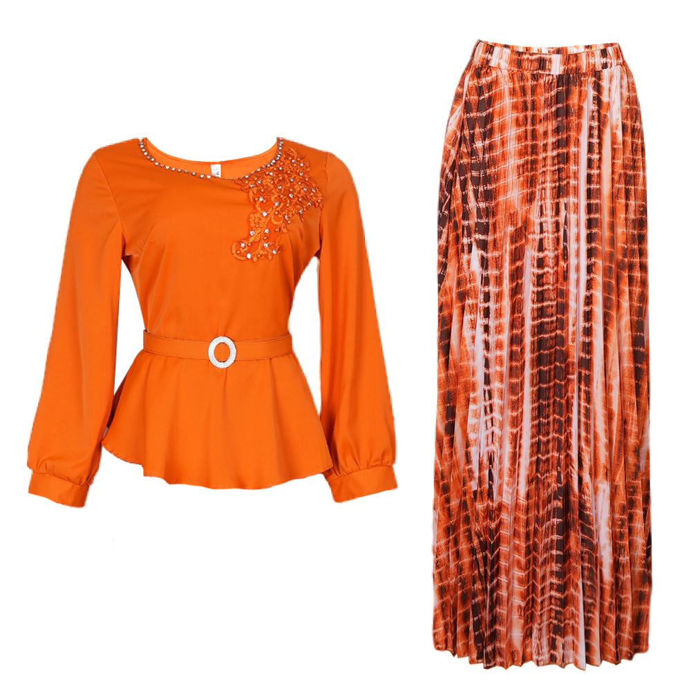 African Women's Plus Size Embroidered Beaded Chic Career Two Piece Pleated Skirt Set 9