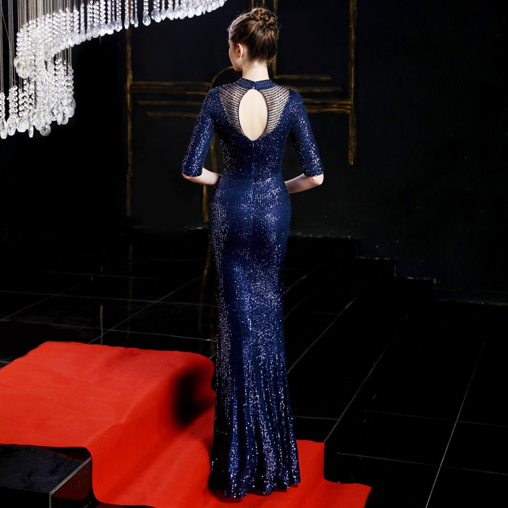 Sequins Half Sleeves Round Neck Evening Dress