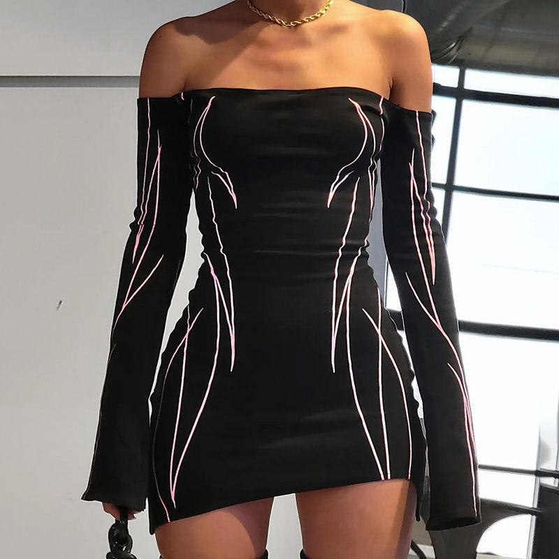 Women Stripe Print Off Shoulder Strapless Bodycon Dress