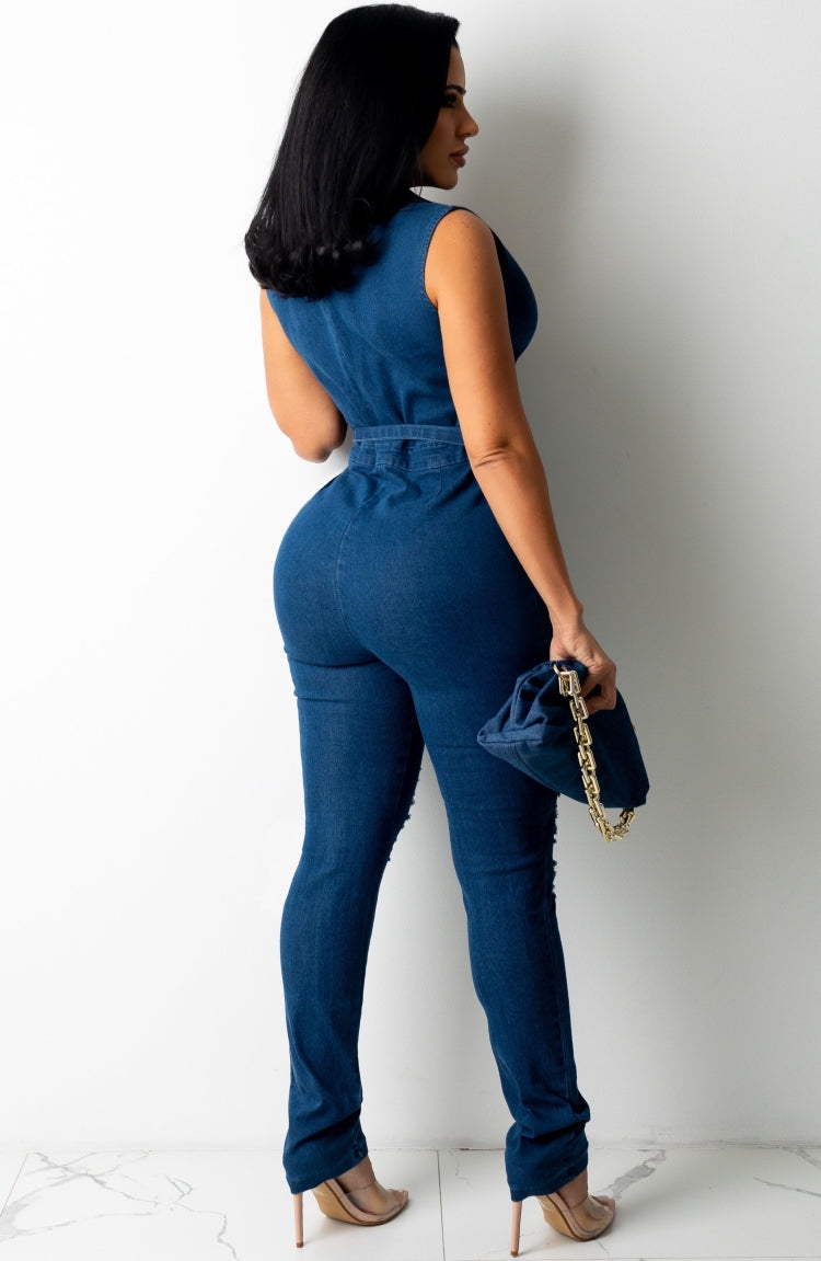 Summer Button Up Ripped Sleeveless Denim Jumpsuit with Belt