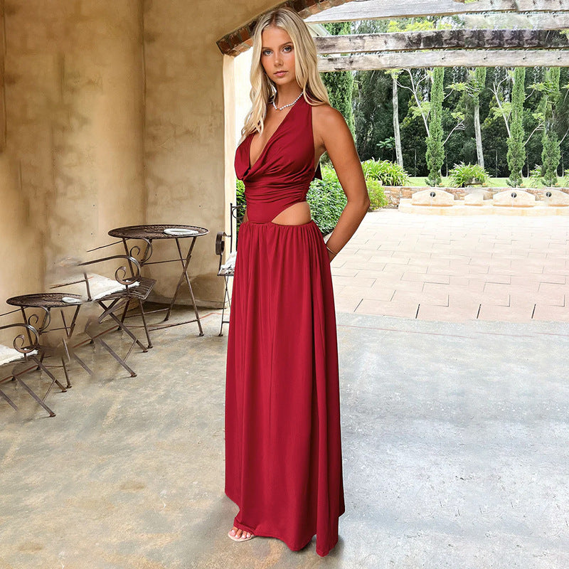 Spring Sexy Open Waist Hollow Halter Neck Long Dress 4