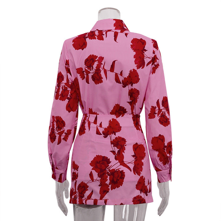 Fashion Print Turndown Collar Long Sleeve Shirt High Waist Split Short Skirt Two Piece Set 6