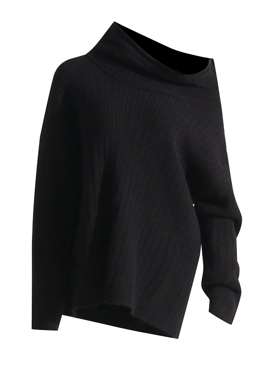 Women Autumn Trend Irregular Off Shoulder Loose Casual Knitting Shirt Long Sleeve Sweater 8