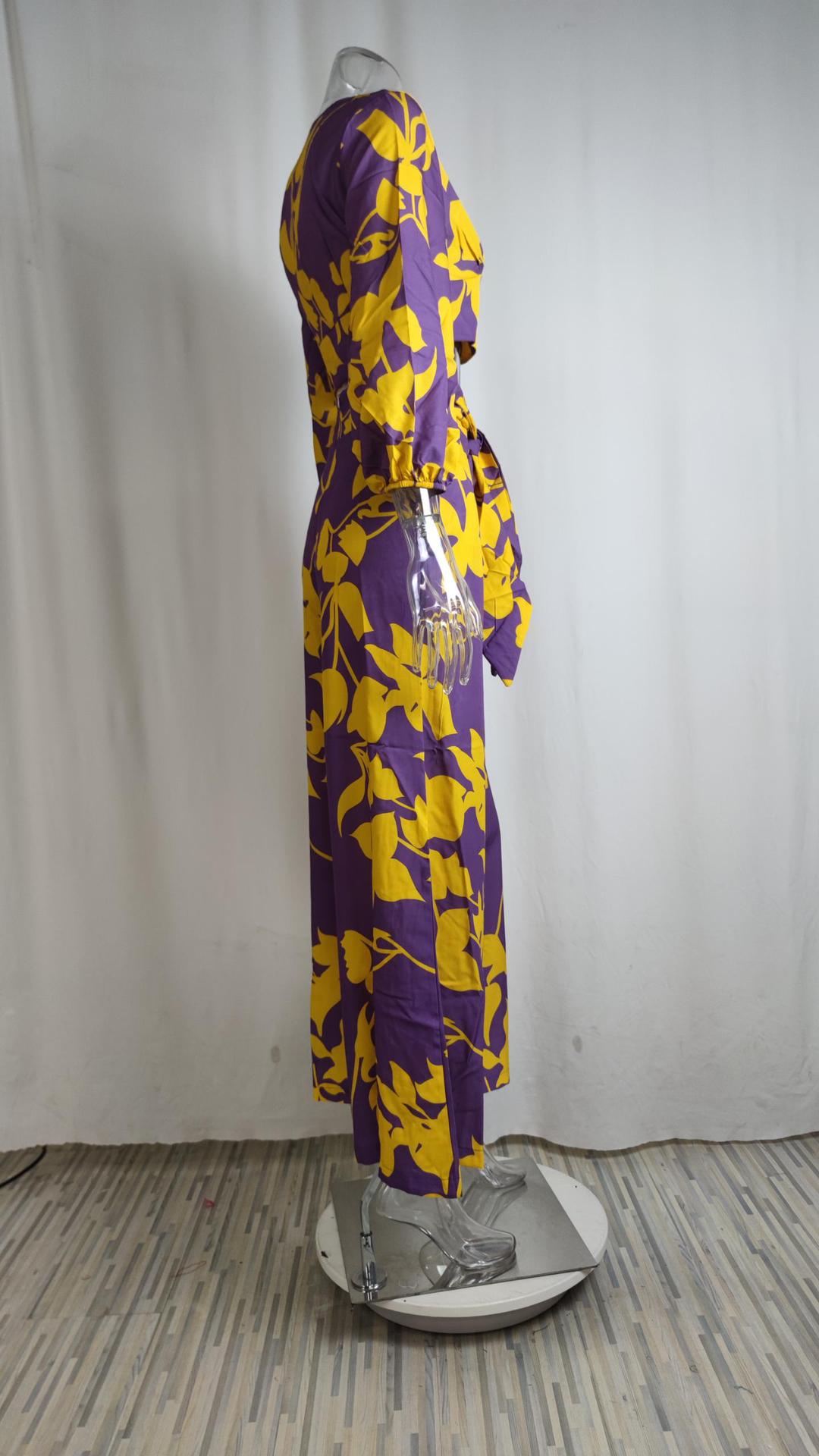 Women v-neck lantern sleeve short top and wide-leg pants two-piece set 22