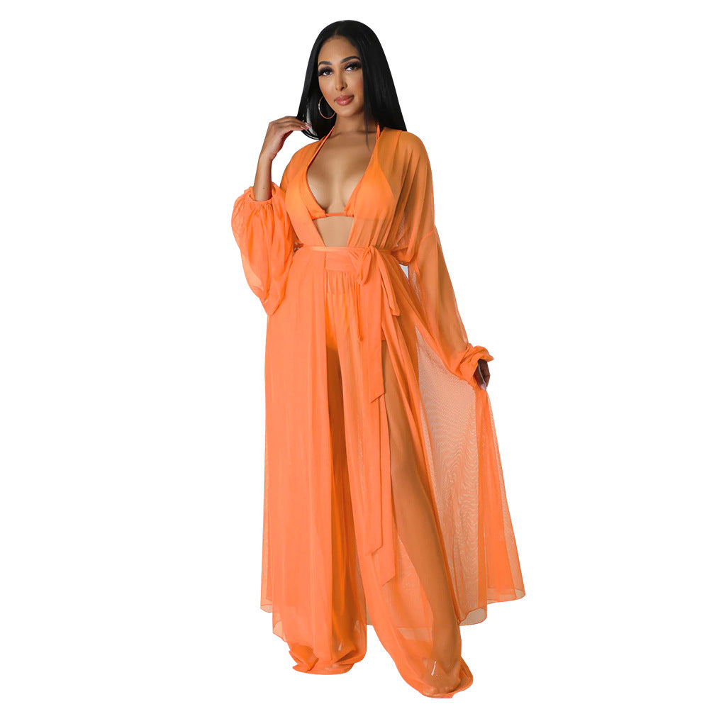 Fashion Ladies Solid Color Bat Sleeves Sexy See-Through Long Sleeve Pant Set 13