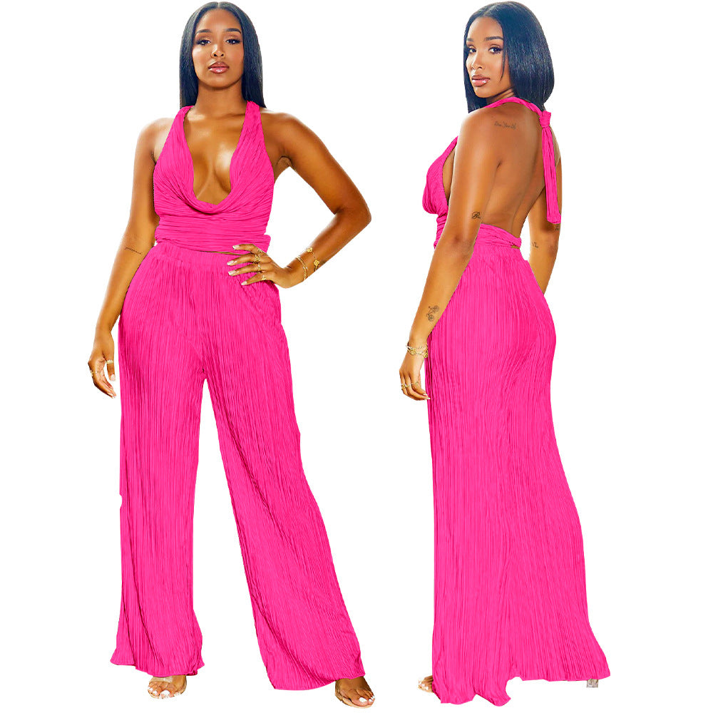 Fashion Women's Sexy Solid Color halter Sleeveless Low Back Top Pleated Pants two piece set 4