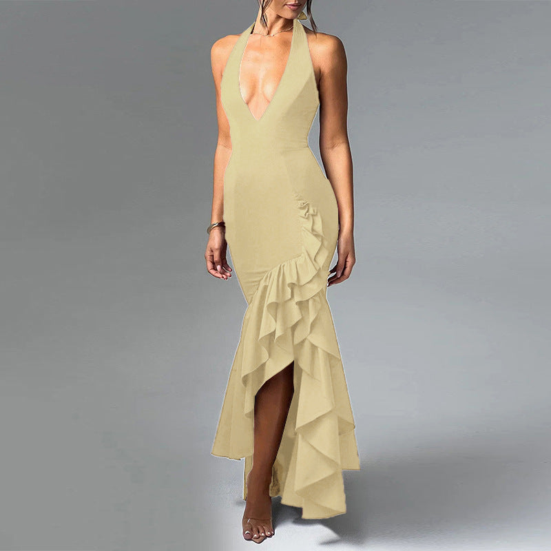 Women autumn sexy Halter Neck V Neck ruffle dress 3