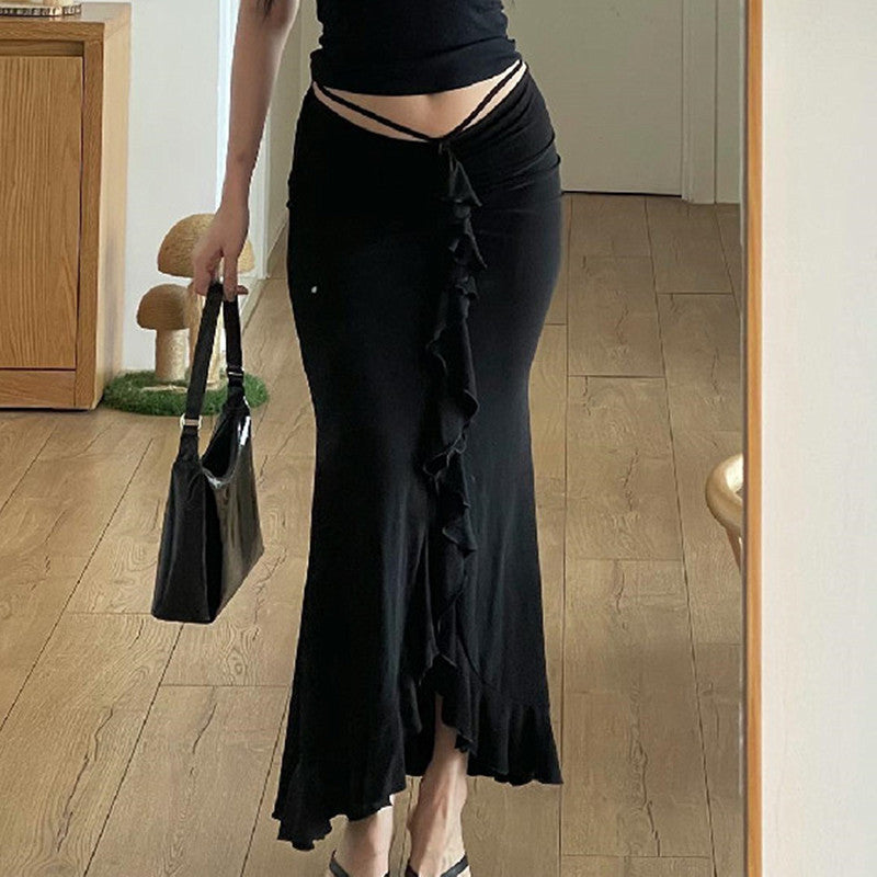Fashionable Slim Women's Lace-Up Sexy Ruffled Low-Waist Elegant Long Skirt