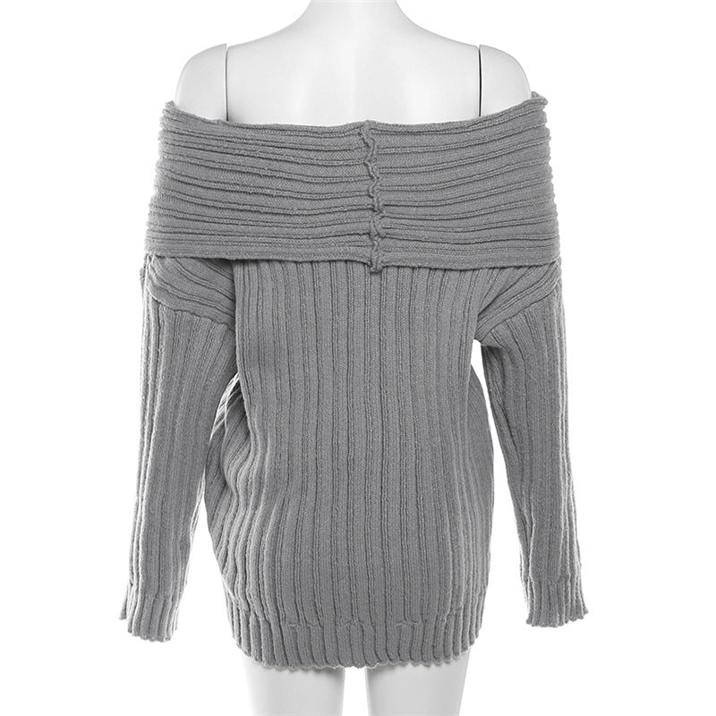 Women Off Shoulder Long Sleeve Loose Solid Knitting Sweater 25
