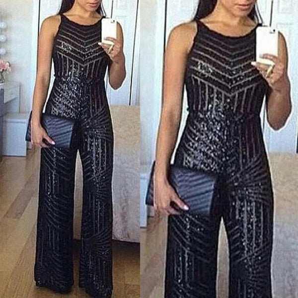 Chic Sequins Sleeveless Wide Leg Pants Sleeveless Pullover Fashion Jumpsuit 5
