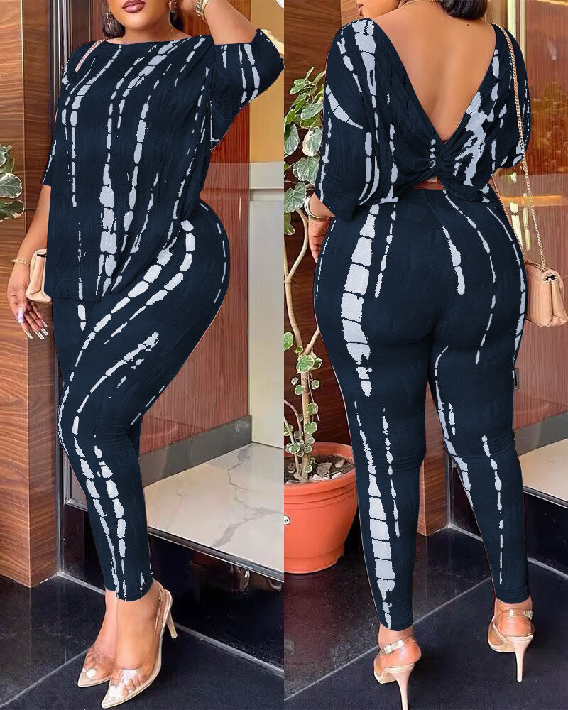 Fall Women Casual Print Top and Shorts Two-piece Set 4