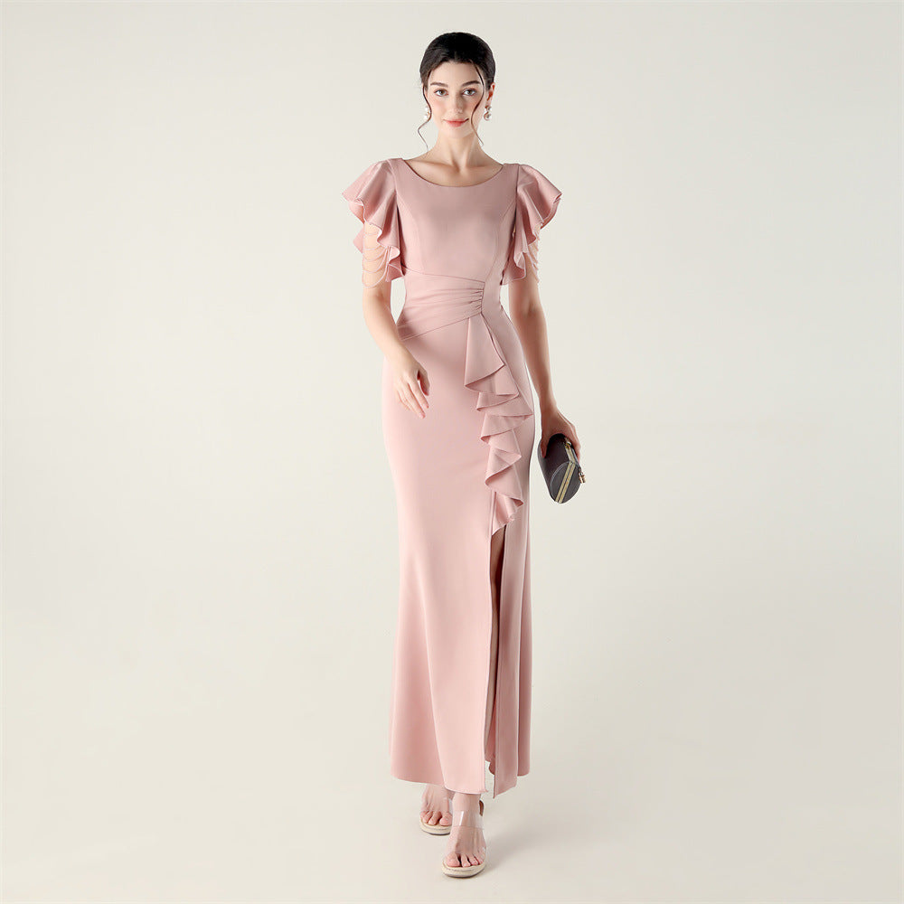 Women beaded tube V neck ruffle draped bead chain bead formal party evening dress 10