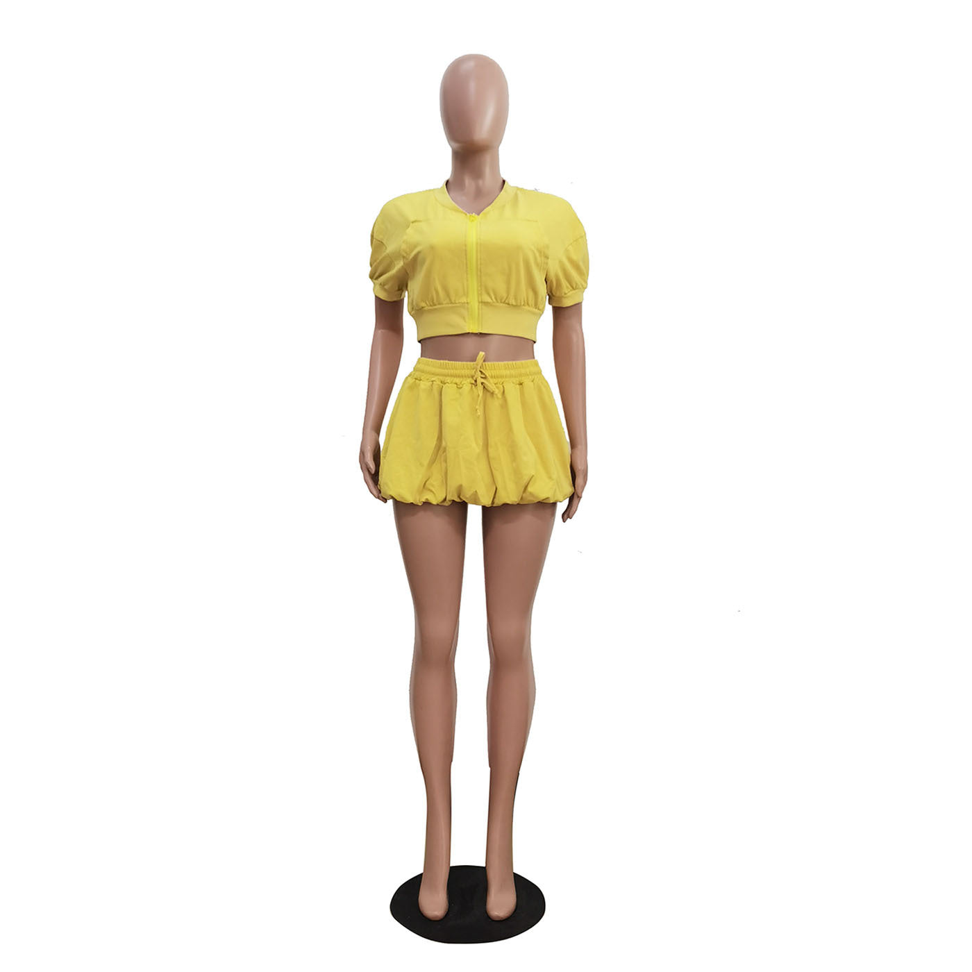 Women Casual Zipper Crop Top and Lantern Skirt Two-Piece Set 7