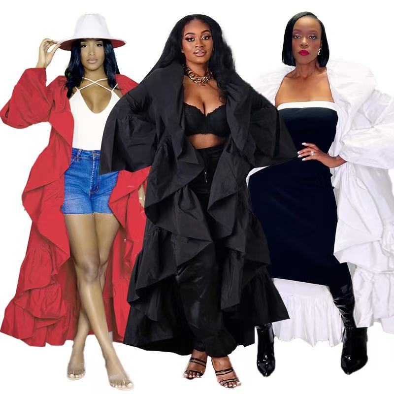 Women's Autumn Solid Color Ruffled Long Trench Coat 10