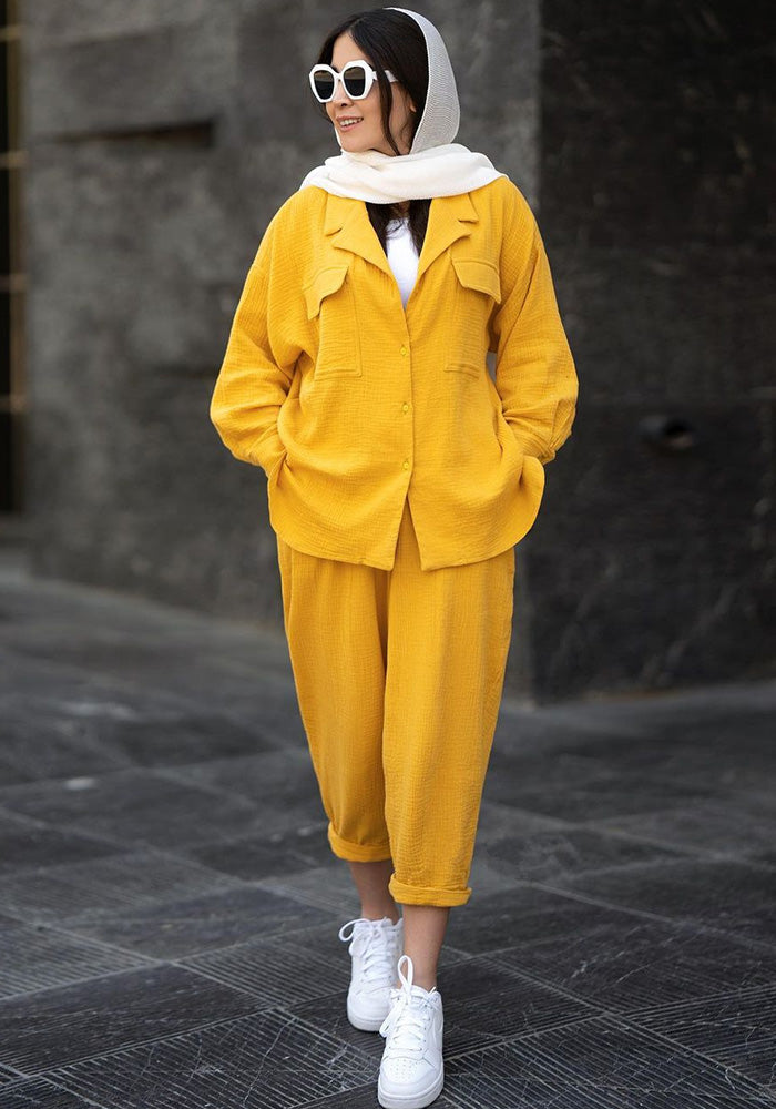 Women's Fashion Loose Solid Color Turndown Collar Long Sleeve Shirt Nine-Point Pants Two Piece Set