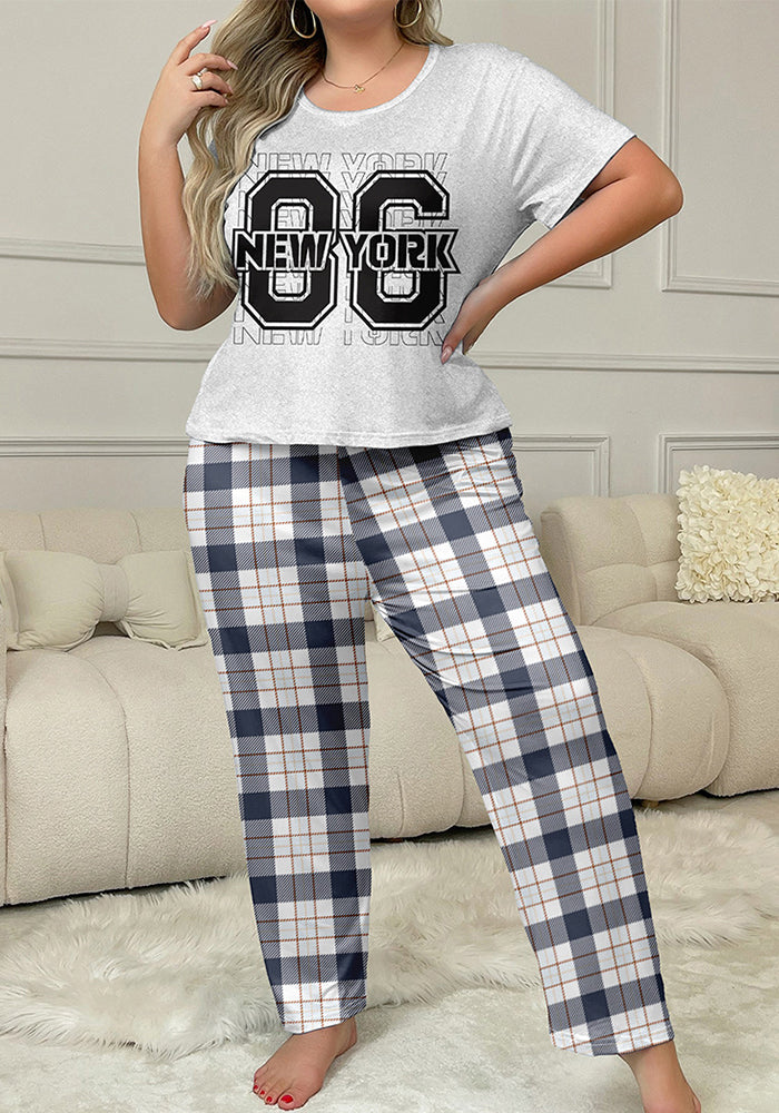 Summer No.96 Print Short Sleeve Top Plaid Pants Women's Home Clothes Plus Size Pajamas