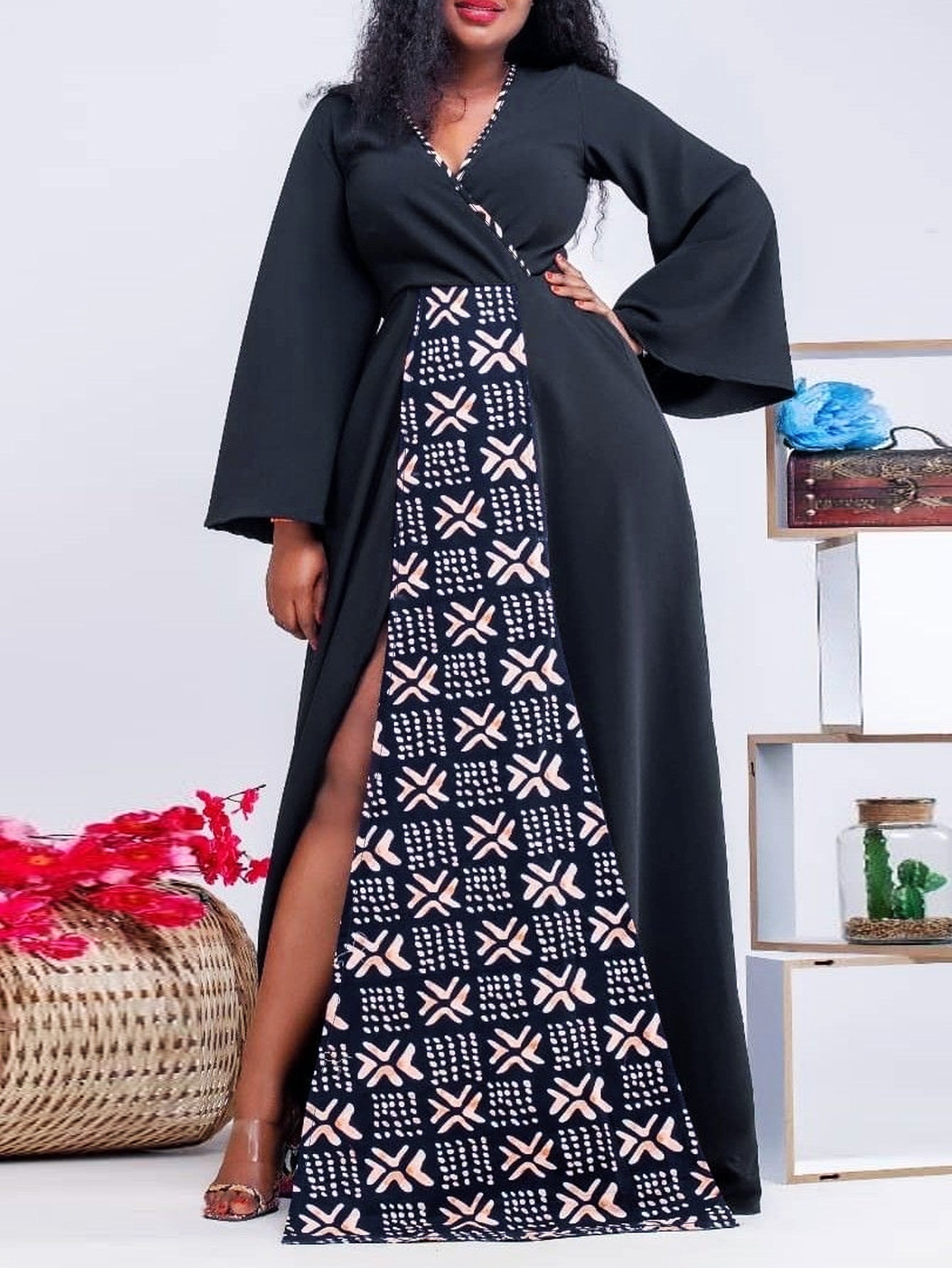 Spring And Autumn Women's Wrap V-Neck Side Slit Slim Waist Plus Size Dress