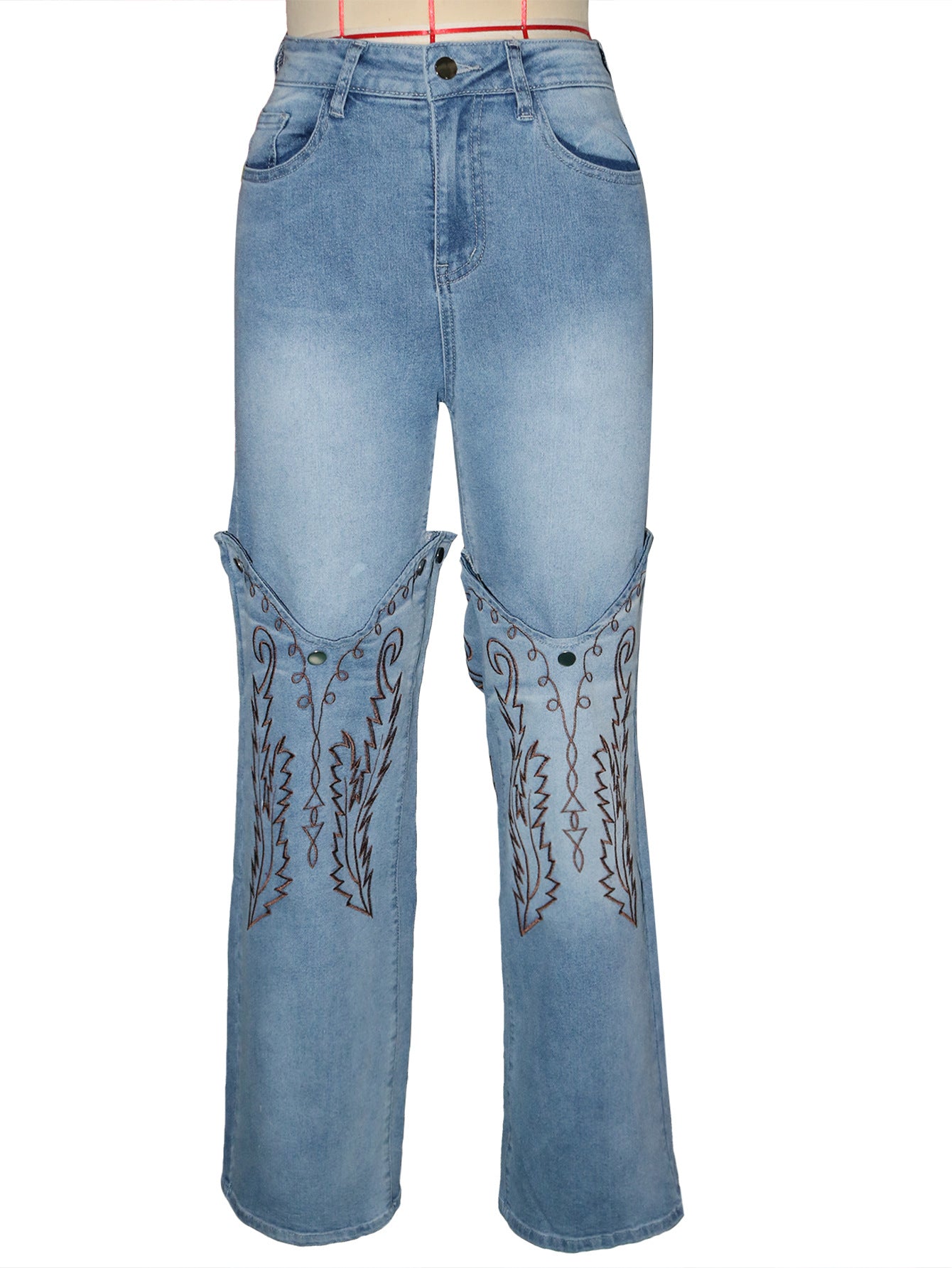 Women's Fashion Embroidered Blue High-Waisted Wide-Leg Denim Pants 10
