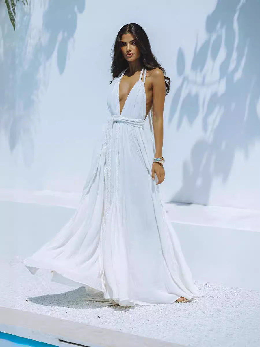 Women Holidays Sexy Backless Lace-Up Solid Belt Dress 7