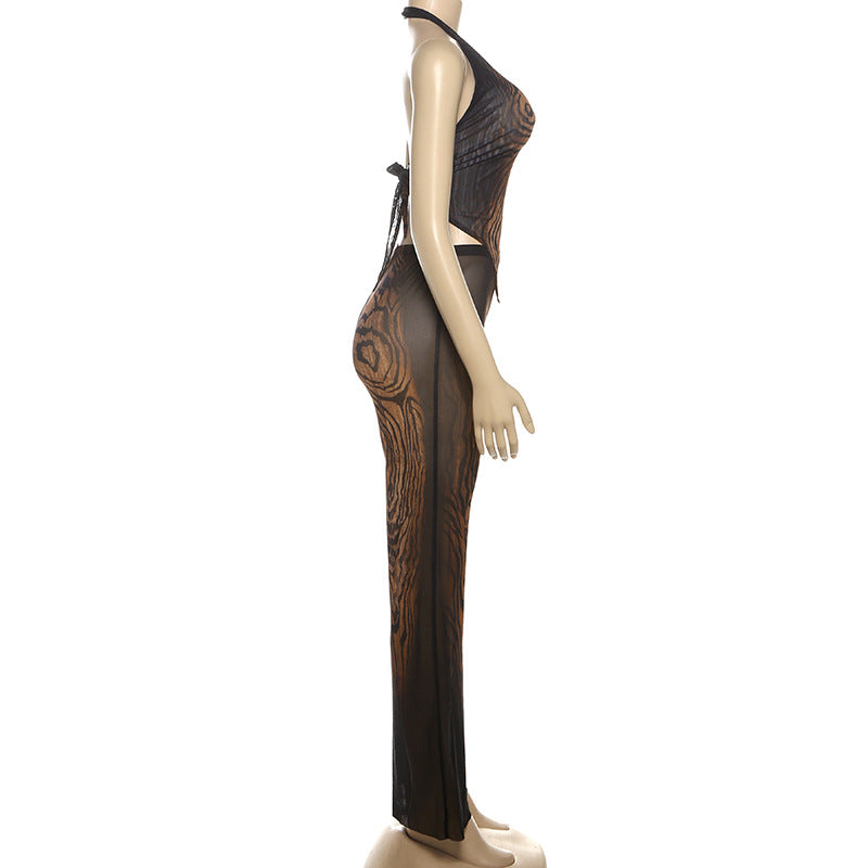 Autumn Women's Graffiti Print Sleeveless Halter Tank Top Tight Fitting Pants Set 4