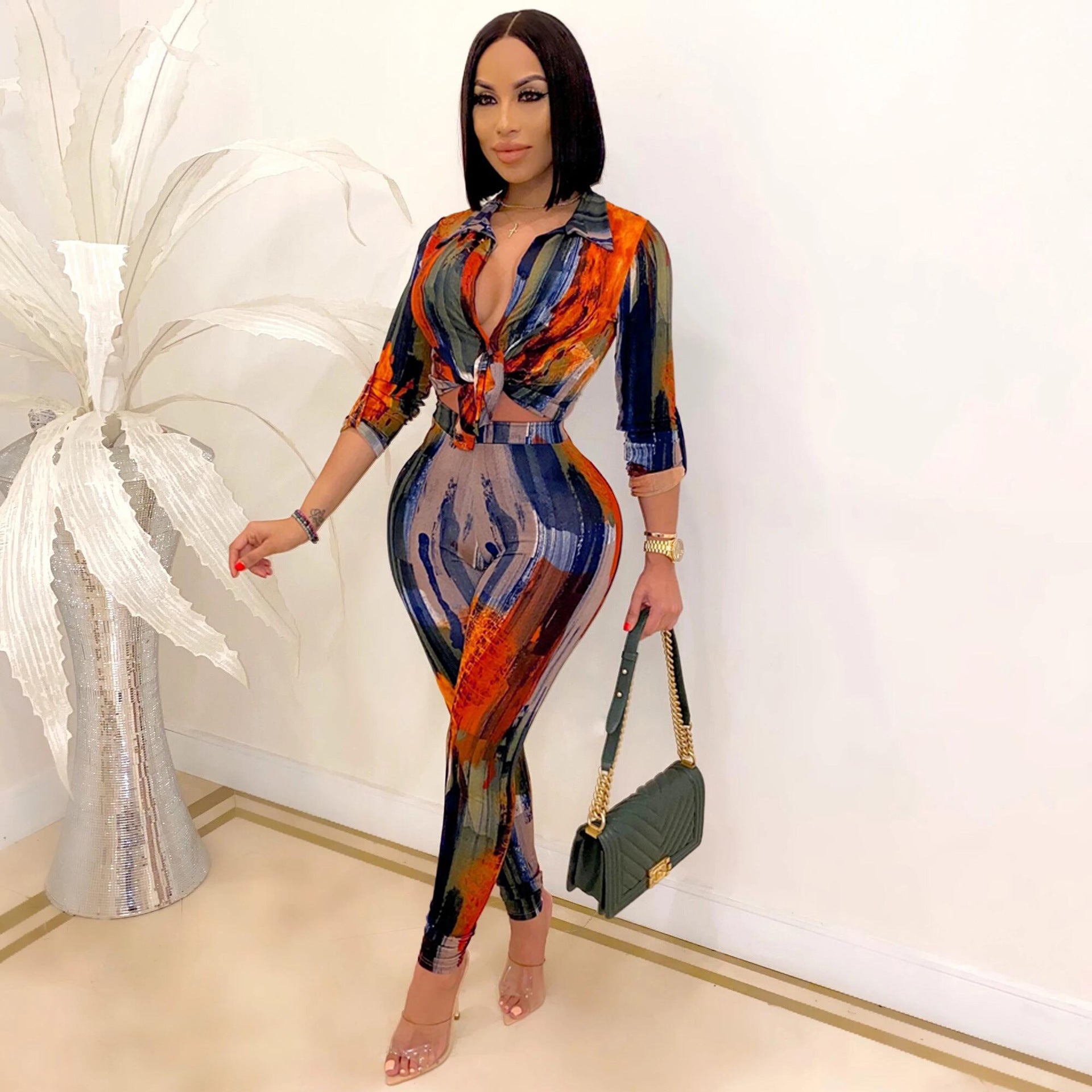 Women Turndown Collar Long Sleeve Printed Casual Two-piece Set 3