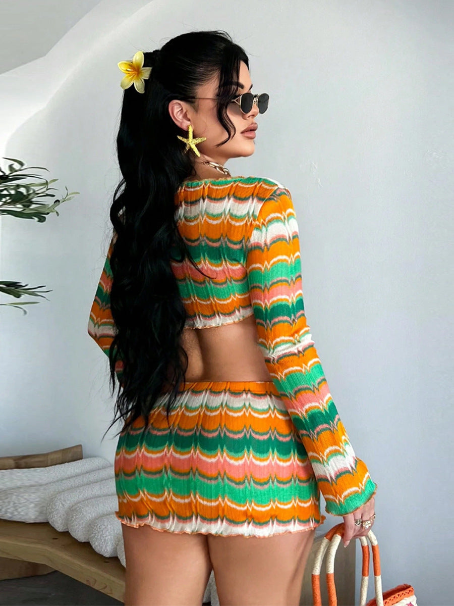 Women's Autumn Winter Sexy Crop Top Yarn-Dyed Multi-Color Skirt Set 3