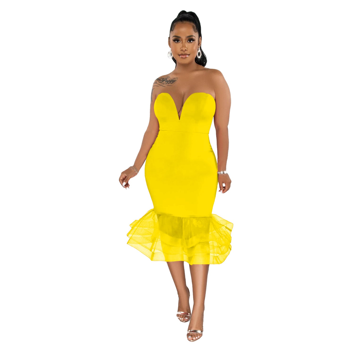 Women's Solid Color Sexy Strapless See-Through Mesh Bodycon Dress 12