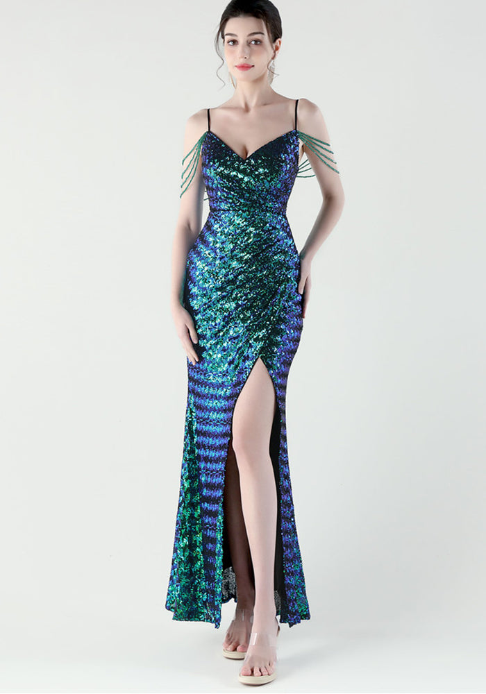 Women Evening V Neck Sequined Slit Evening Dress