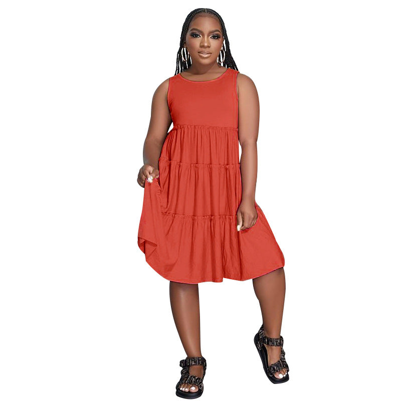 Summer Solid Round Neck Sleeveless Casual Women's Fashion Pleated Casual Dress 13