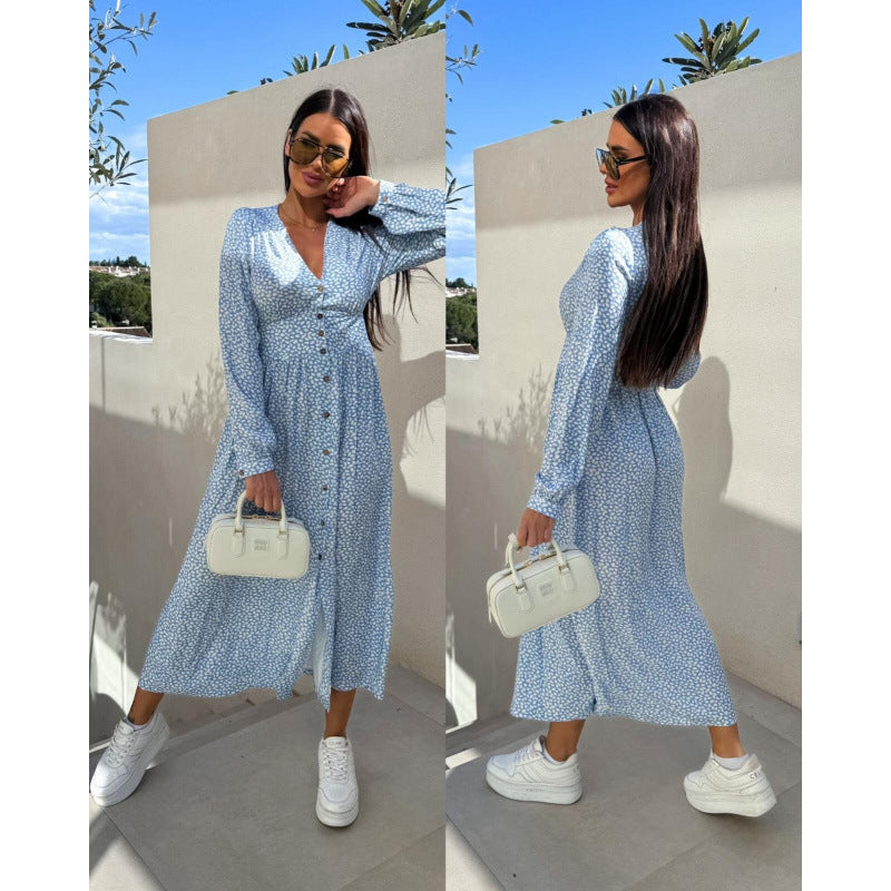 Long-Sleeve Floral Slim Waist Casual Dress 7