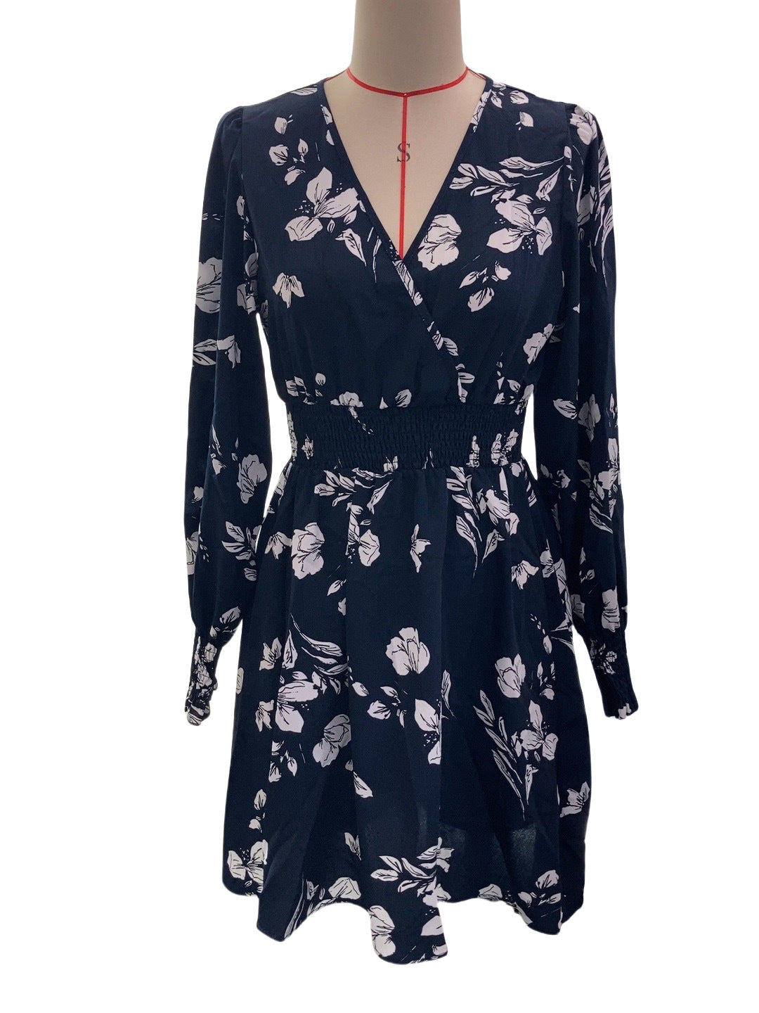 Autumn Winter Elegant Women's Floral Print V-Neck Lantern Sleeve Dress 10