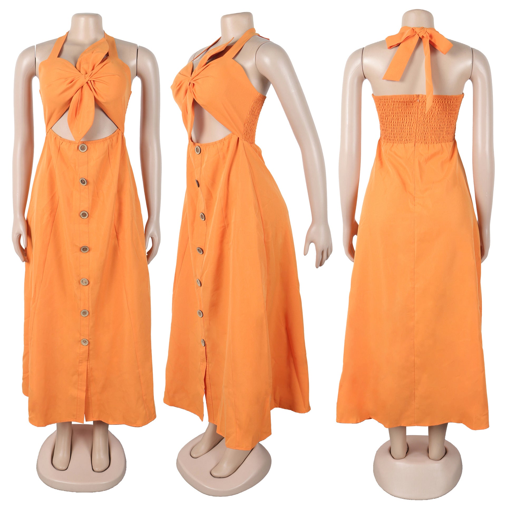 Women Elegant Career Solid Knot Halter Neck Lace-Up Dress 16