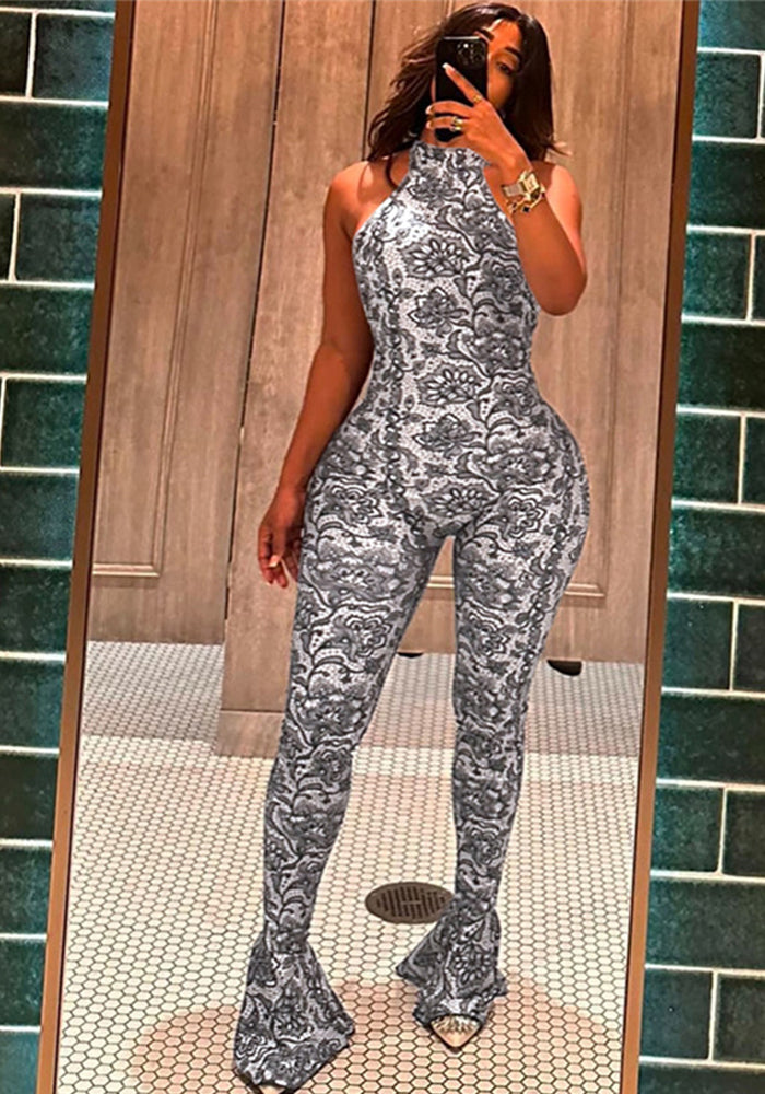 Women Summer Style Printed Sleeveless Backless Jumpsuit