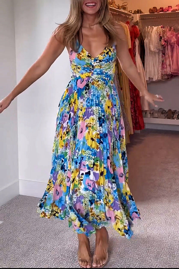 Women V-Neck Printed Sleeveless Beach Pleated Sexy Strap Dress 4