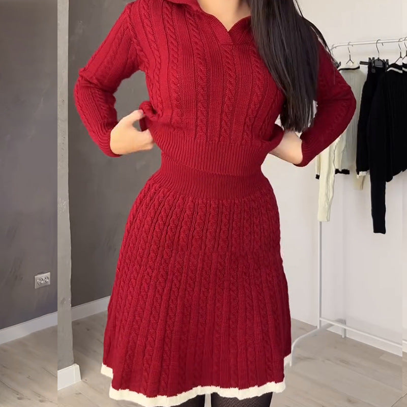 Women Knitting Long Sleeve Top and Skirt Two Piece Set