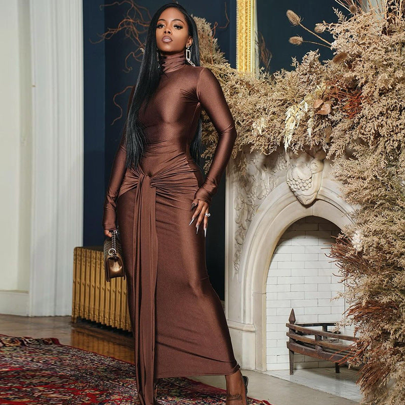 Women's Solid Color Round Neck Long-Sleeved Streamer Tie Chic Long Dress 3