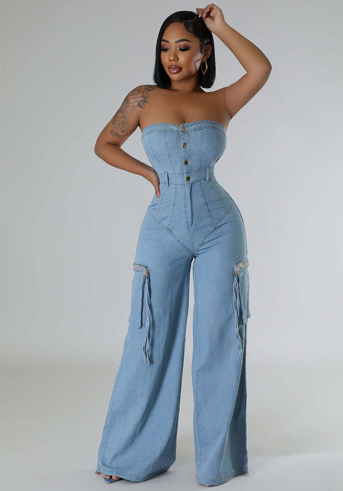 Casual Stylish Strapless Women’s Pockets Cargo Denim Jumpsuit