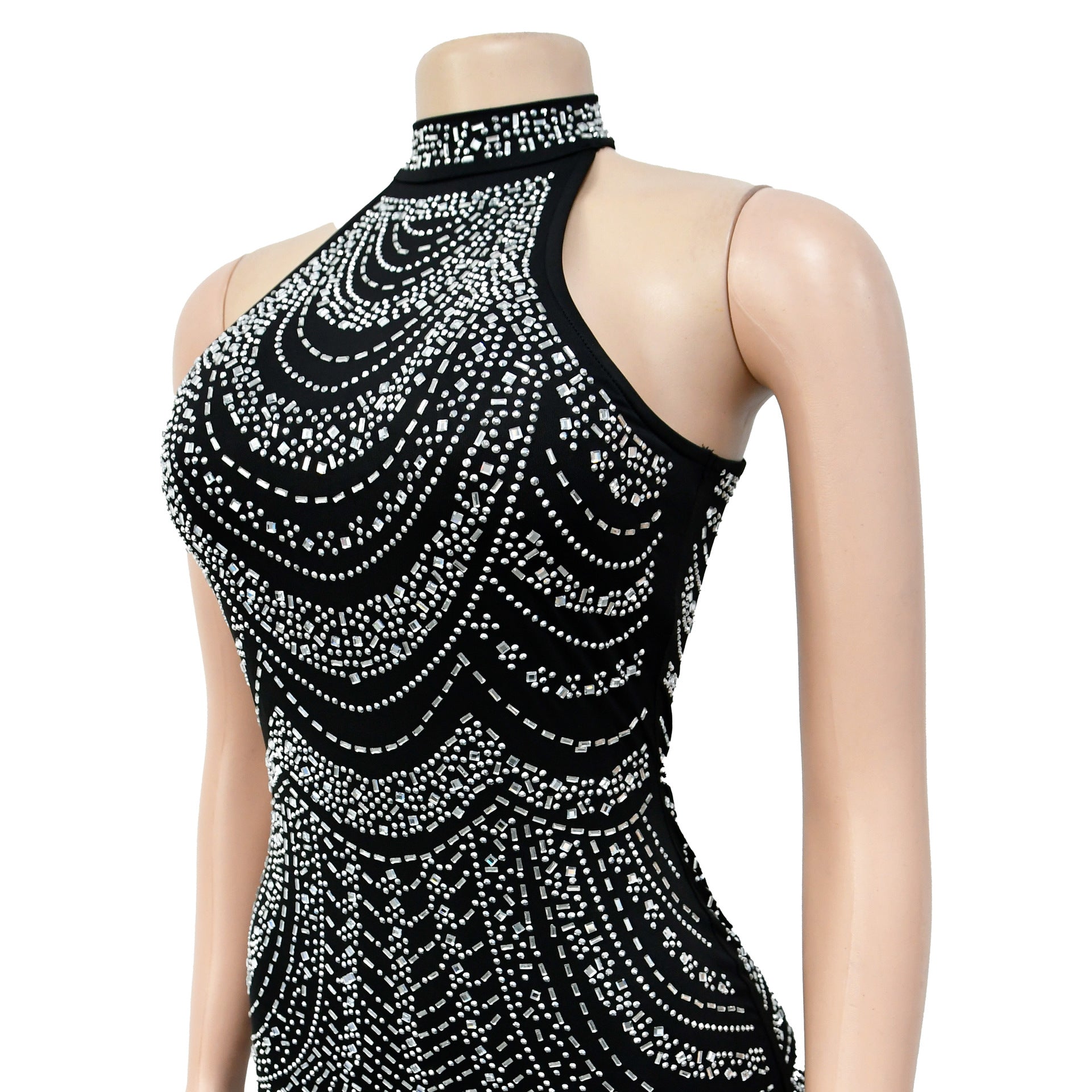 Fashion Ladies Solid Color Beaded Sleeveless Halter Neck Dress Women 18