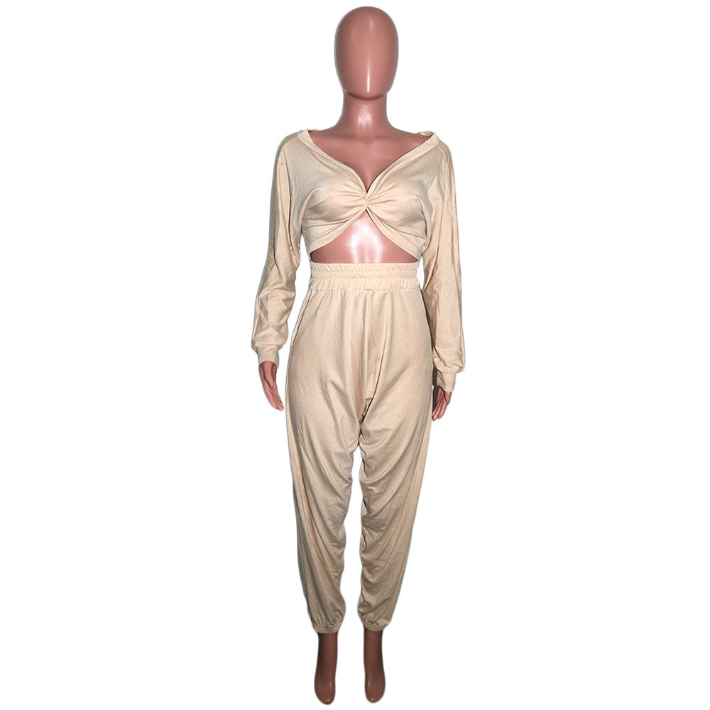 Women's Sexy Crop V-Neck Solid Color Cross Front Top Pants Two-Piece Set 7