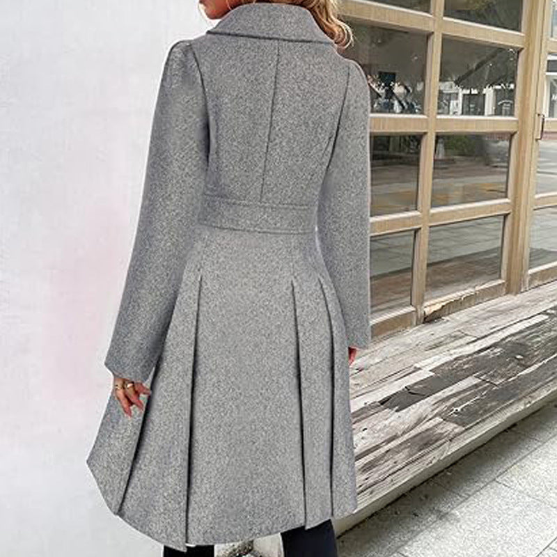 Women Fall and Winter Turndown Collar Double-Breasted Pocket Windbreaker 46