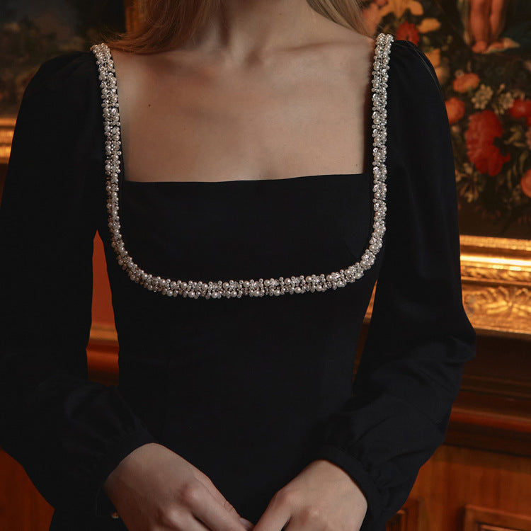 Women Chic Elegant Diamond Square Neck Long Sleeve Slim Waist Slit Bodycon Dress 5